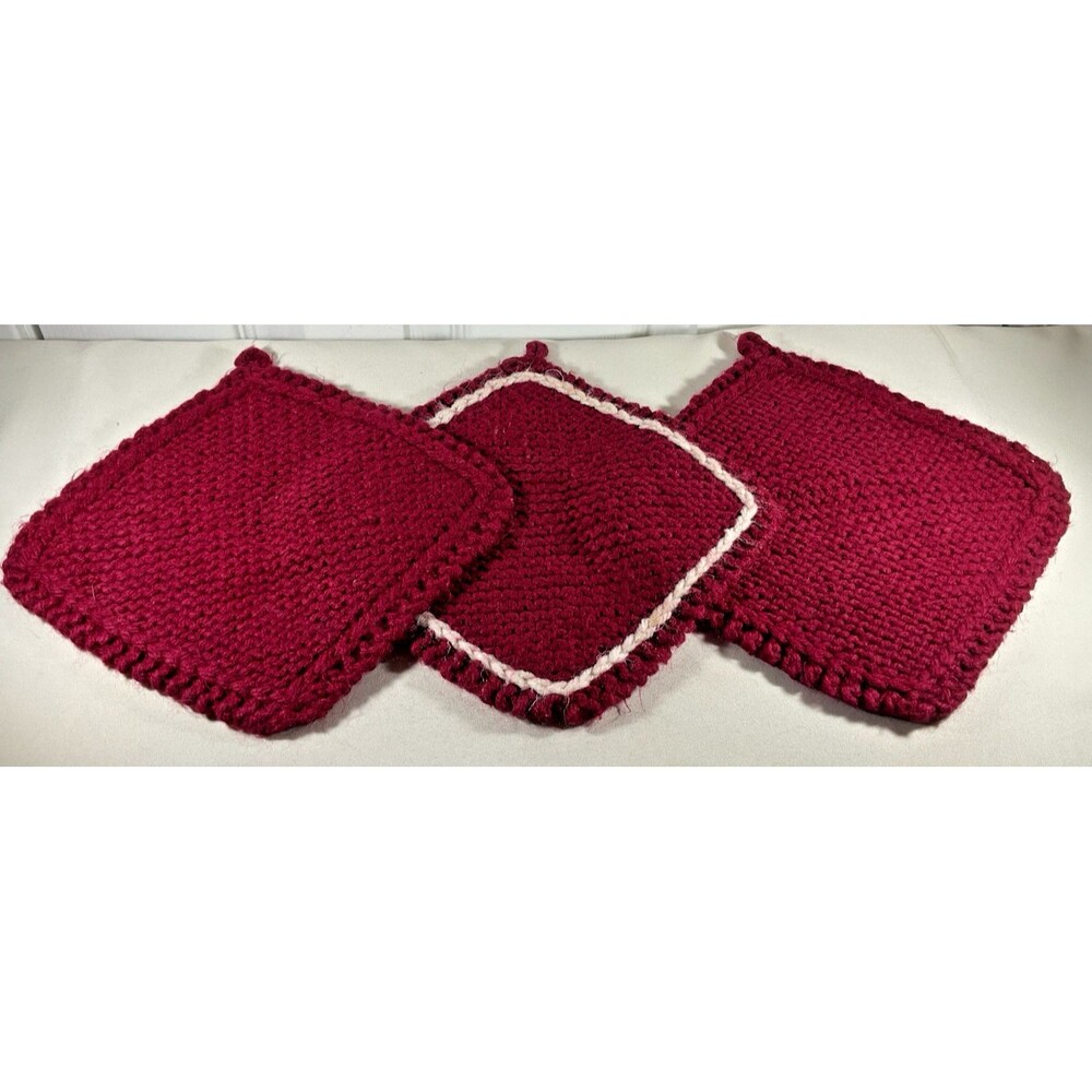 3 Handknitted Potholders Hot Pads Cranberry Color Never Used Knit by Mom 1970s